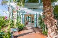 Tropical walkway leading to the lobby at Boardwalk Boutique Hotel Aruba, with palm trees, lush greenery, and a shaded wooden path.