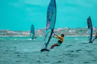 Windsurfing on Palm Beach in Aruba near Boardwalk Boutique Hotel Aruba, showcasing the island’s vibrant sports scene.