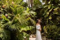 Guest walking along a path surrounded by lush tropical plants and greenery at Boardwalk Boutique Hotel Aruba.