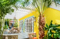Yellow casita exterior with large windows and a private patio, surrounded by palm trees and tropical greenery at Boardwalk Boutique Hotel Aruba.