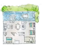 Two-Bedroom Casita floor plan at Boardwalk Boutique Hotel Aruba showing the terrace and interior layout.