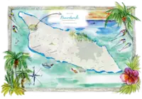Illustrated treasure map of Aruba with tropical decorations, used as a guest guide at Boardwalk Boutique Hotel Aruba.