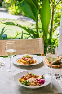 Outdoor table set with plated dishes and glasses of white wine, surrounded by tropical greenery at Boardwalk Boutique Hotel Aruba.