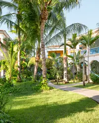 Lush tropical gardens at Boardwalk Boutique Hotel Aruba, reflecting the resort’s eco-friendly design and Green Globe Certification commitment.