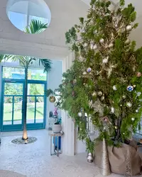 Boardwalk Boutique Hotel Aruba lobby entrance and a tropical Christmas tree decorated with lights and ornaments.